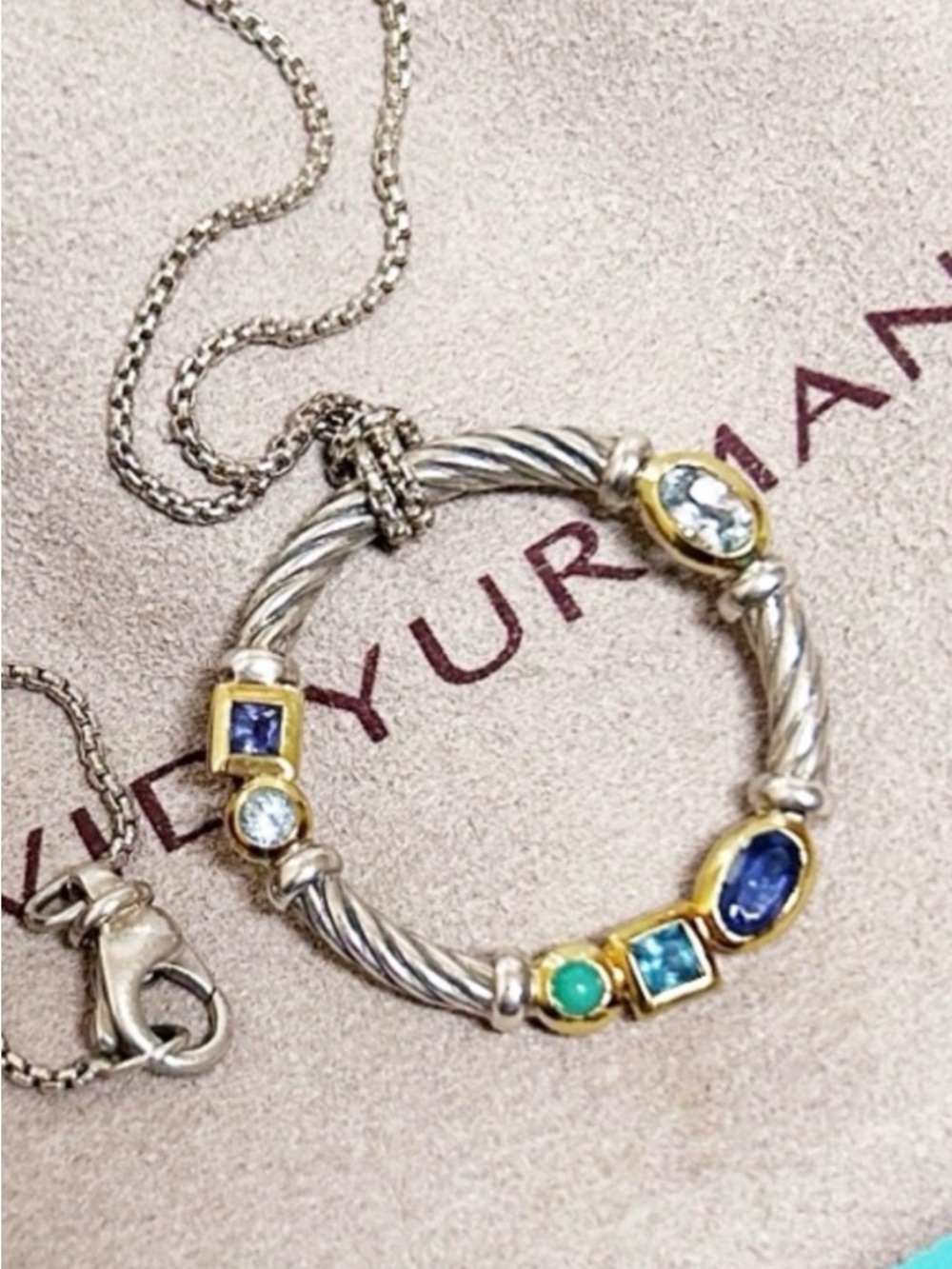 Authentic David Yurman Turquoise Topaz & Lolite Confetti Sterling & 14k Necklace